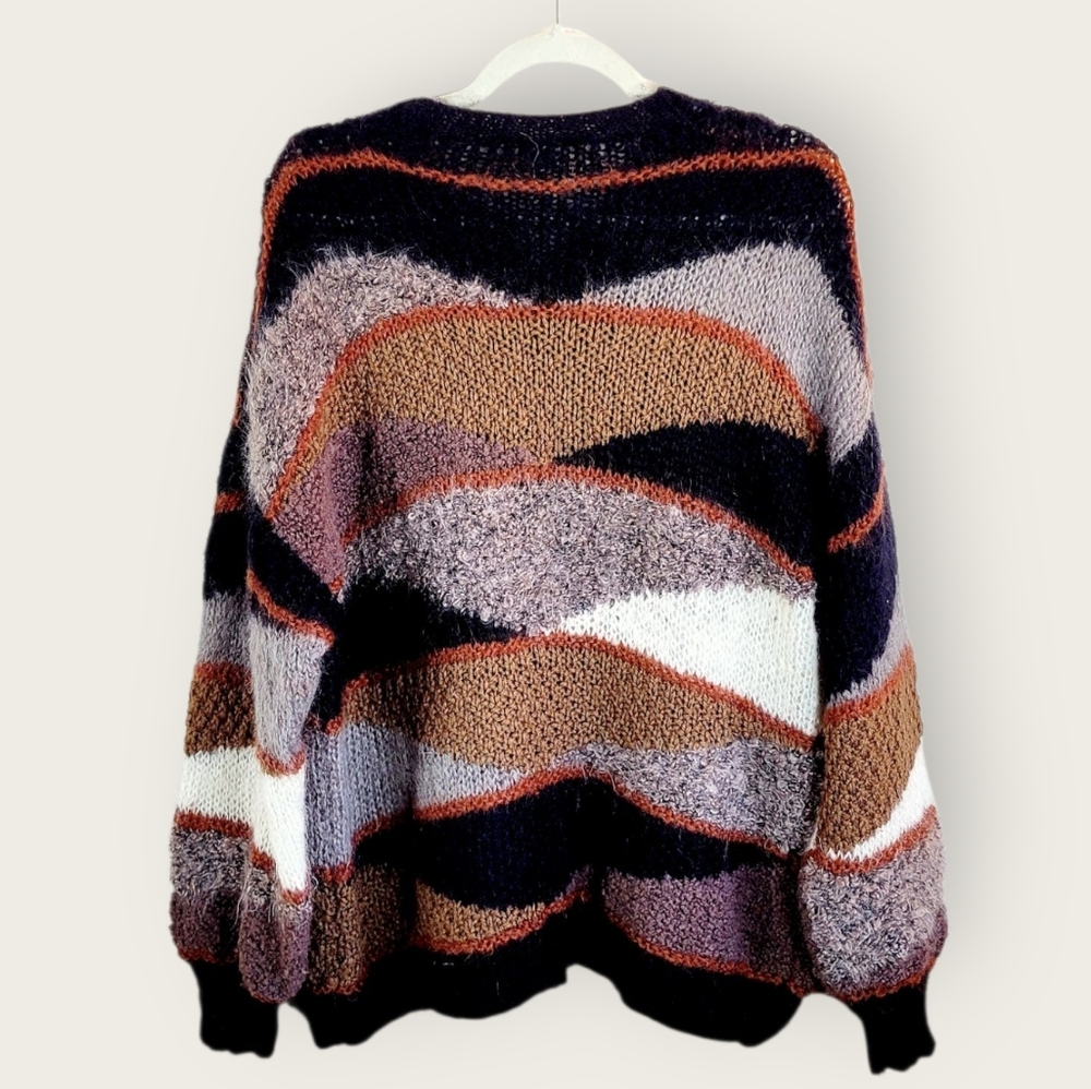 VINTAGE New Zealand Mixed Knit Mohair Geometric Oversized Cardigan Sweater - Picture 5 of 8